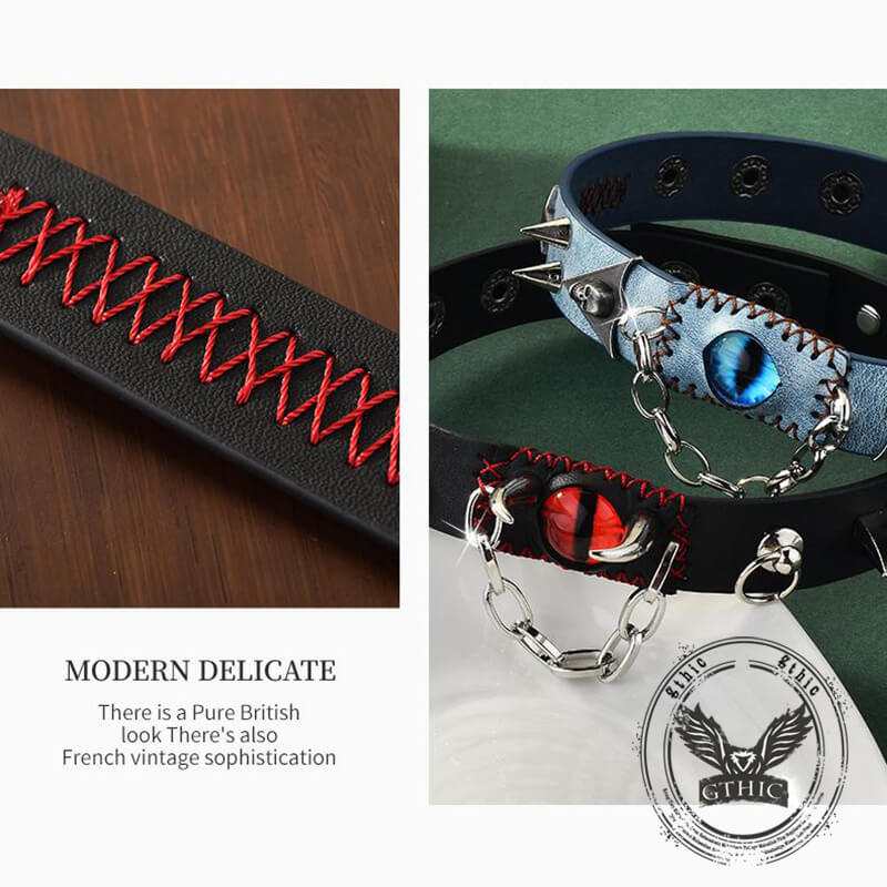 Gothic Y2K Gem Eye Skull Rivet Leather Choker Necklace