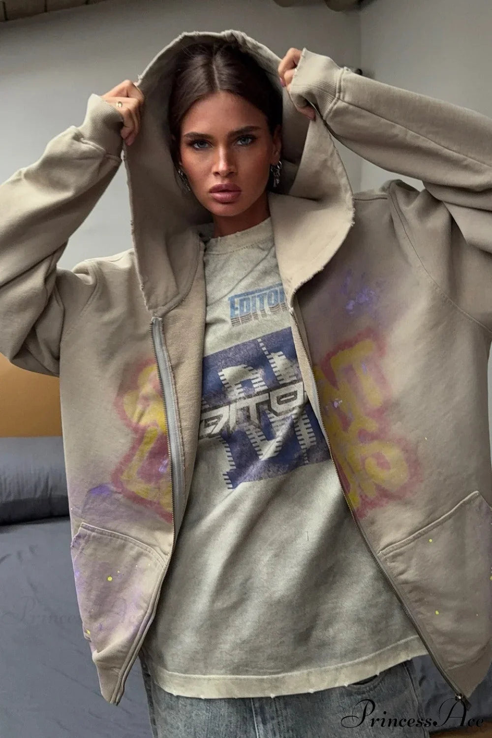 Graffiti Vintage Loose Zip Hoodie