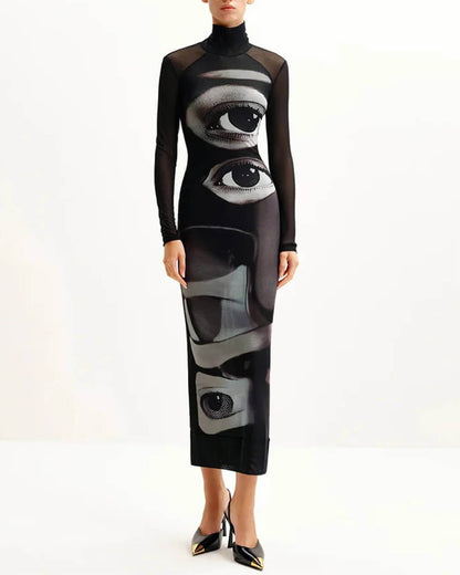 Grunge Aesthetic Eyes Print Maxi Dress