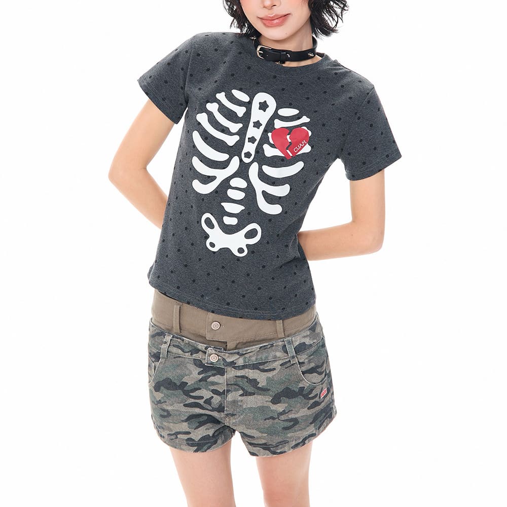 Grunge Skeleton Heart Print T-Shirt