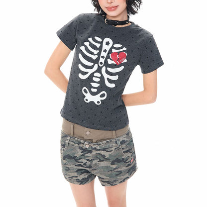 Grunge Skeleton Heart Print T-Shirt