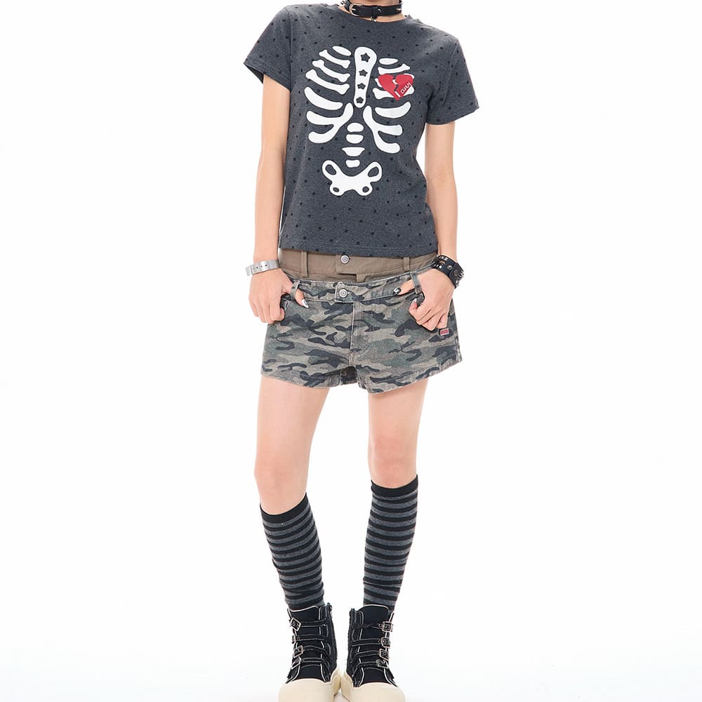 Grunge Skeleton Heart Print T-Shirt
