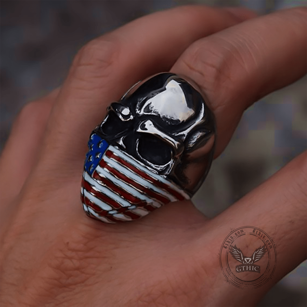 American Flag Stainless Steel Skull Ring