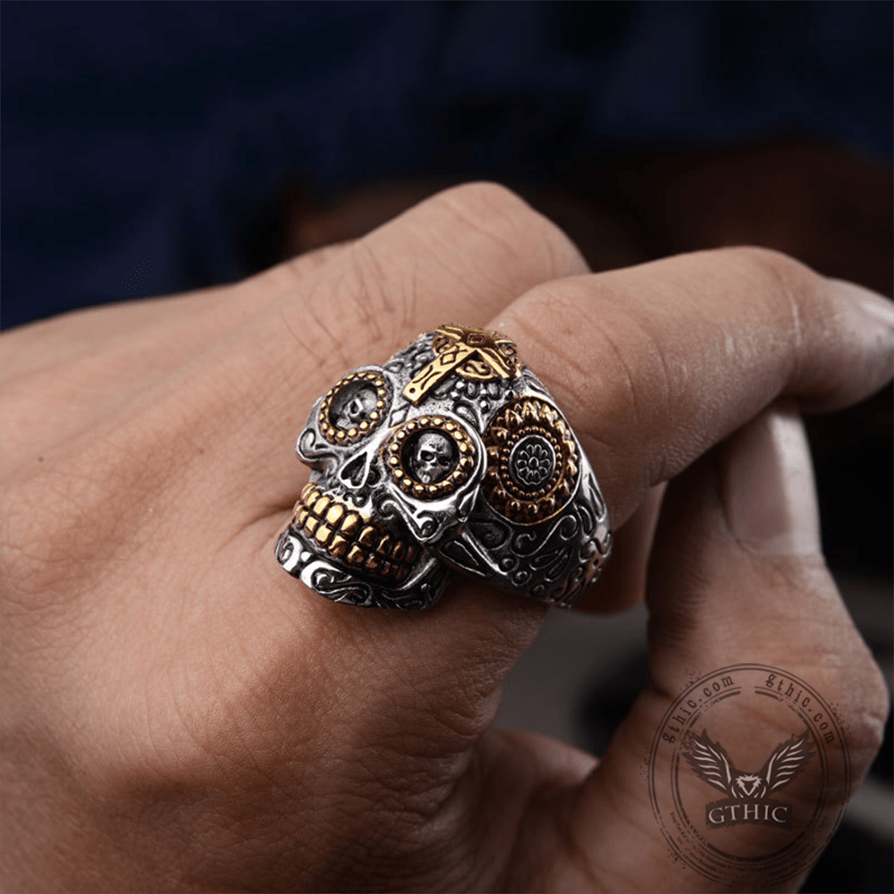 Vintage Cross Sugar Skull Ring
