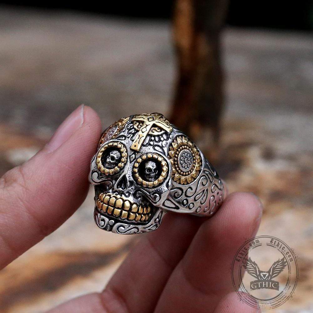 Vintage Cross Sugar Skull Ring