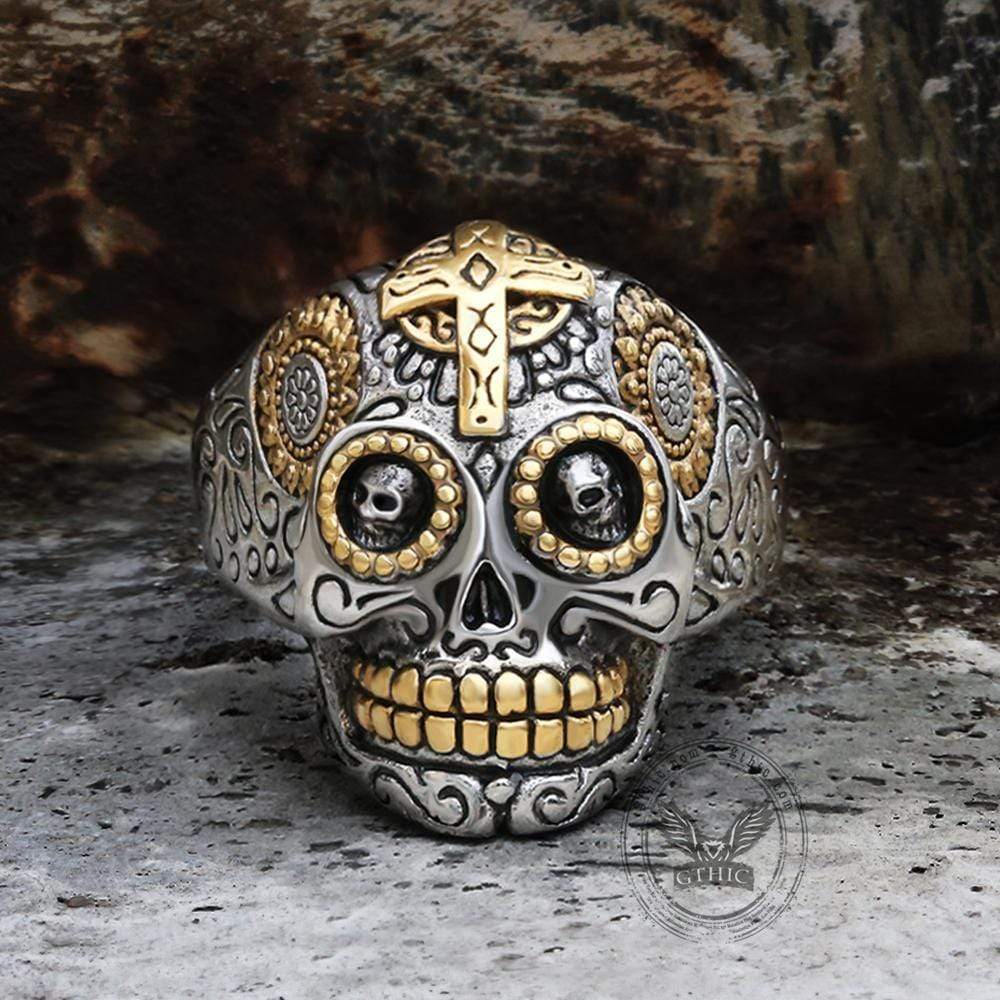 Vintage Cross Sugar Skull Ring
