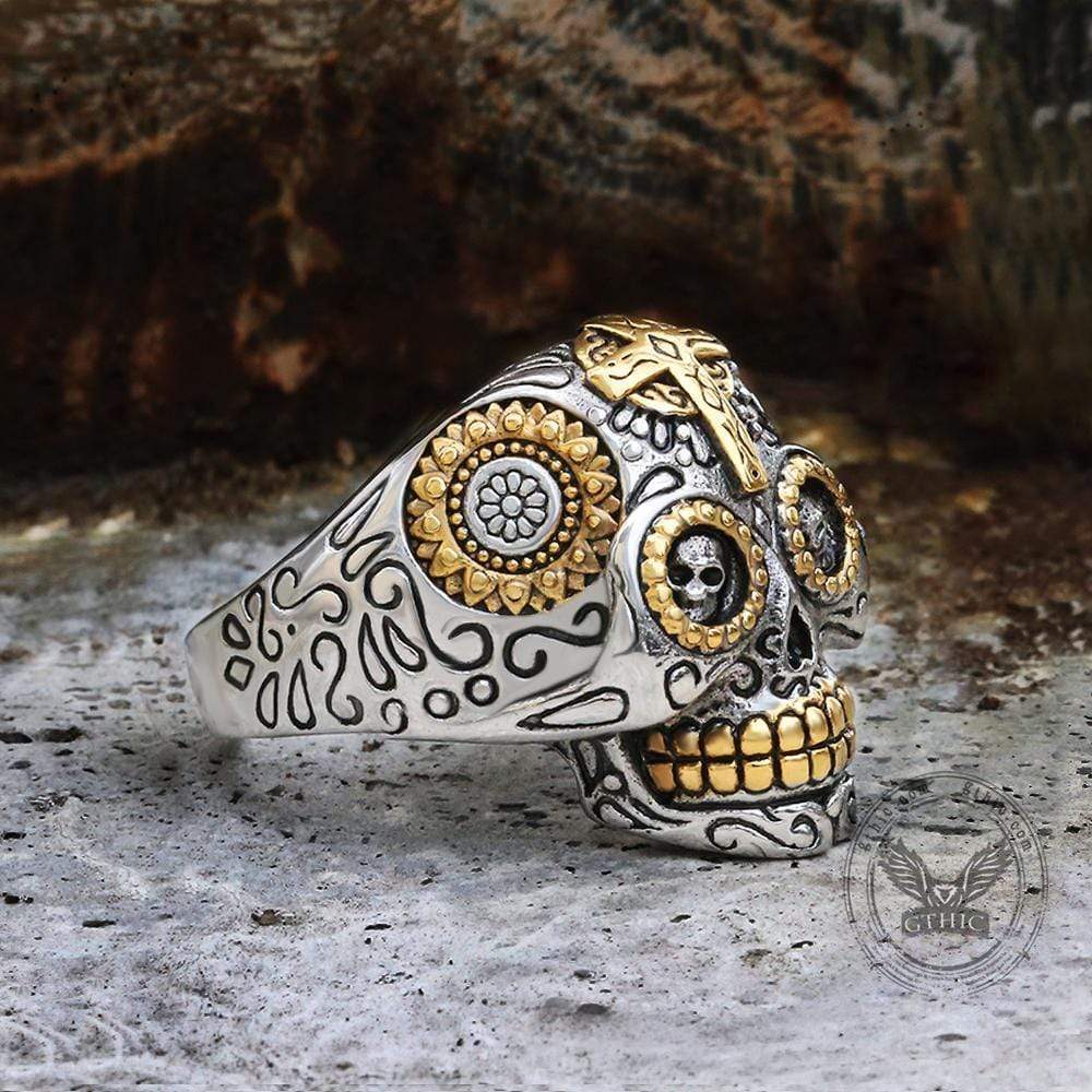 Vintage Cross Sugar Skull Ring
