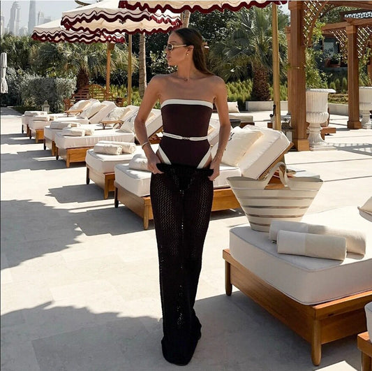 Two-Tone Strapless One-Piece Swimsuit with Belt