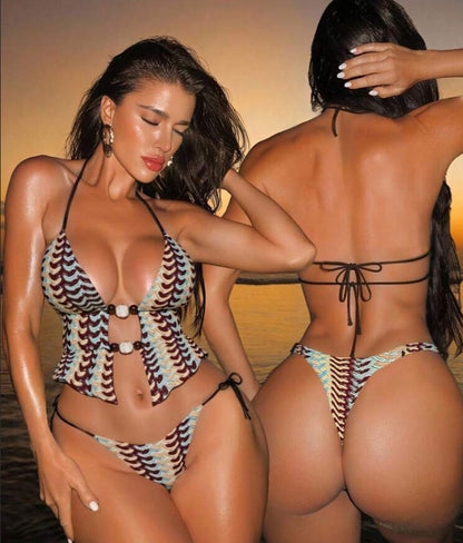 Crochet Chevron Halter Tankini Set with Bead Detail