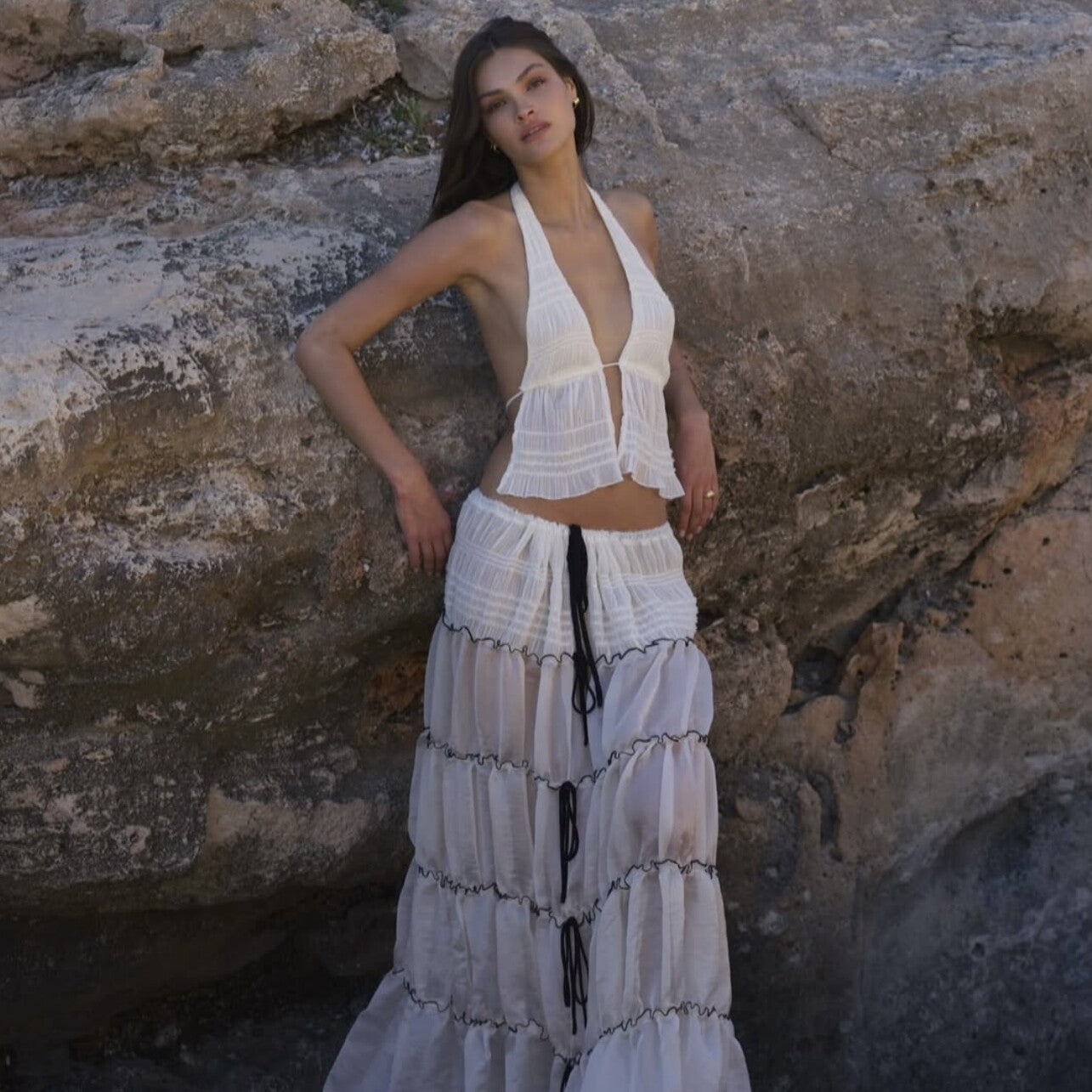 Sheer Plissé Halter Top & Tiered Skirt 2-Piece Set