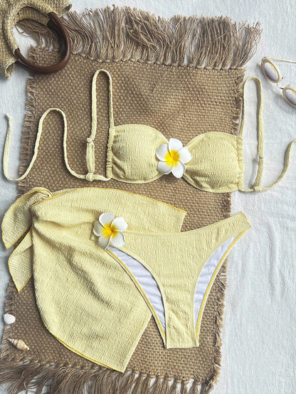 Floral Accents Yellow Textured 3-Piece Bikini Set