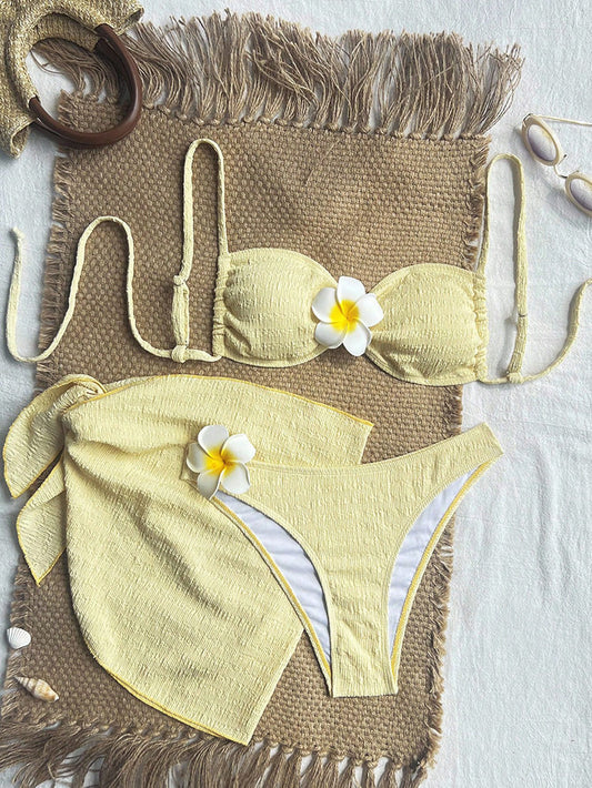 Floral Accents Yellow Textured 3-Piece Bikini Set