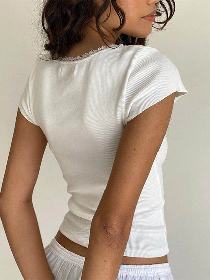Black Lace Trim Ribbed Bow Accent Baby Tee