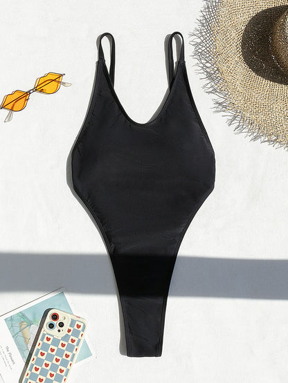 Classic Black High-Cut Scoop Neck One Piece Swimsuit