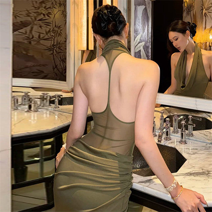 Elegant Halter Neck Ruched Drape Midi Dress