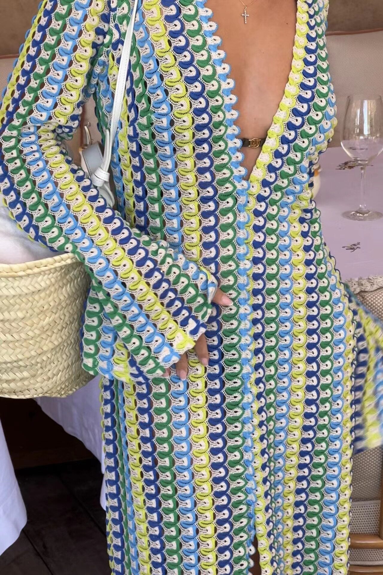 Crochet Stripe V-Neck Maxi Dress with Bell Sleeves
