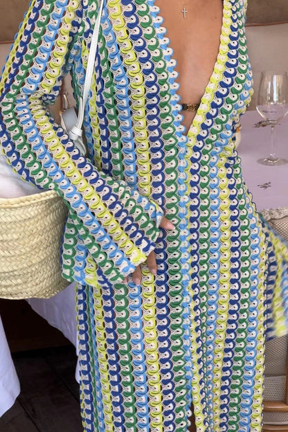 Crochet Stripe V-Neck Maxi Dress with Bell Sleeves