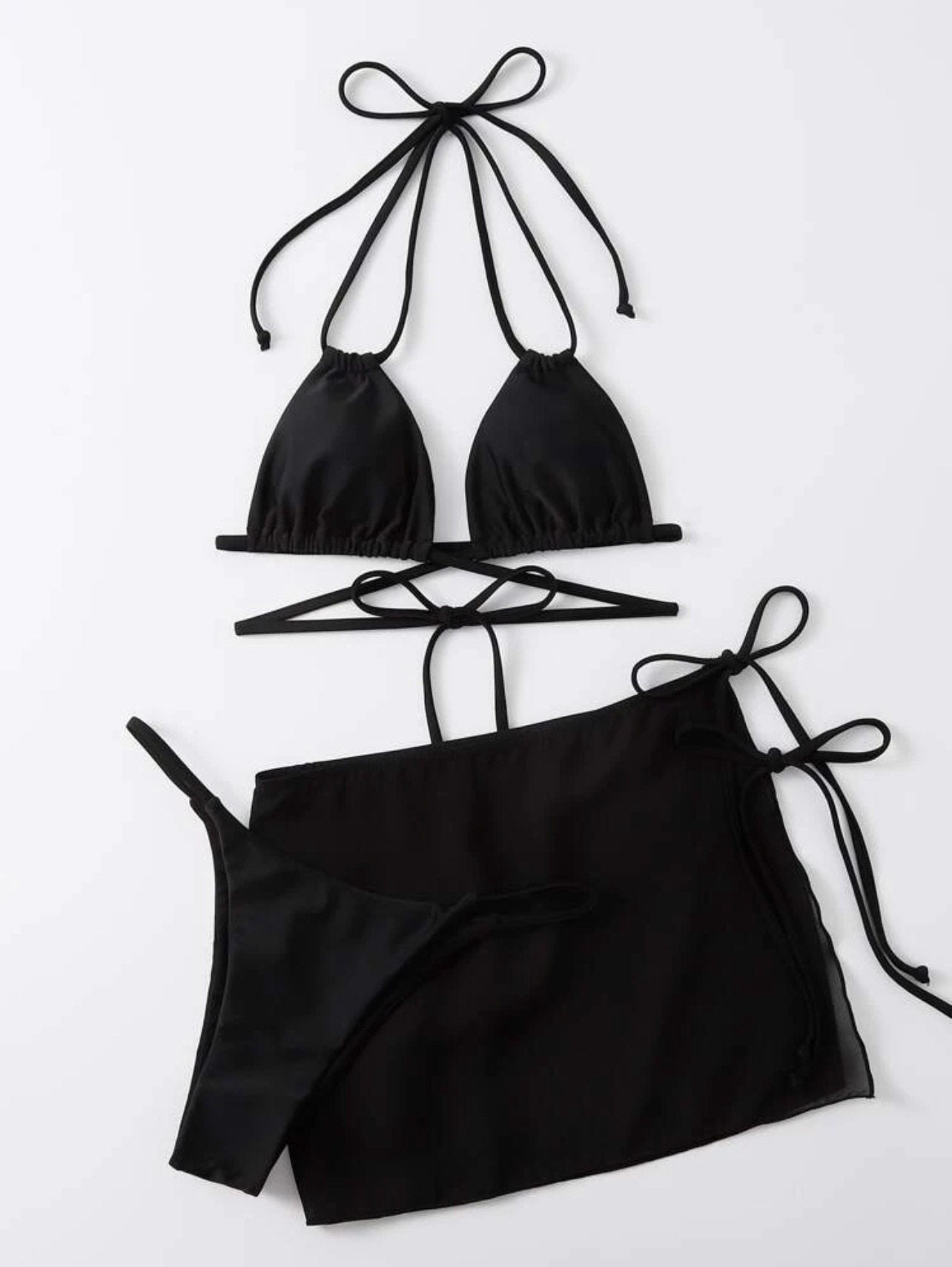 Black Wrap Around Bikini with Sheer Mesh Mini Skirt
