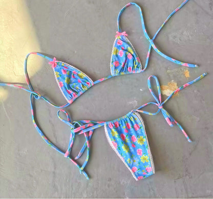Floral Lace Trim Bow Triangle Bikini Set
