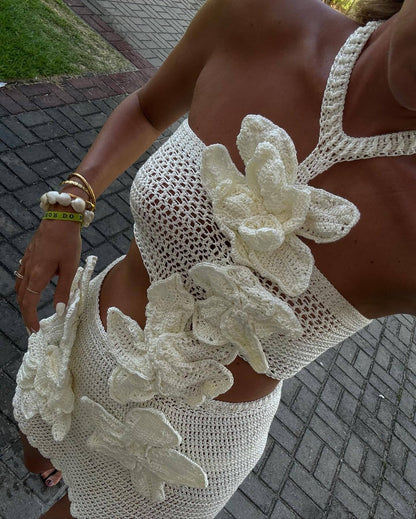 Crochet Floral Halter Cutout Mini Dress