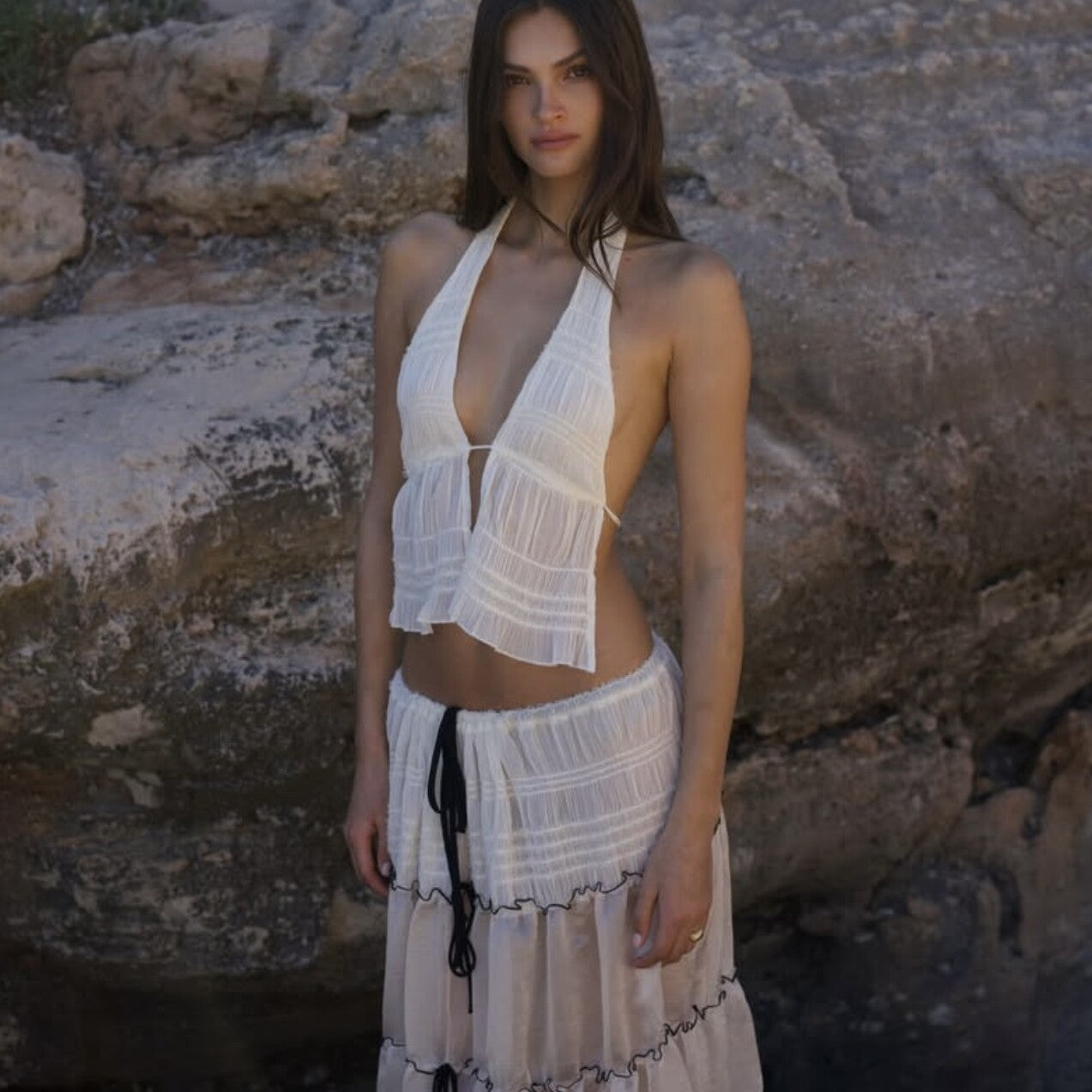 Sheer Plissé Halter Top & Tiered Skirt 2-Piece Set