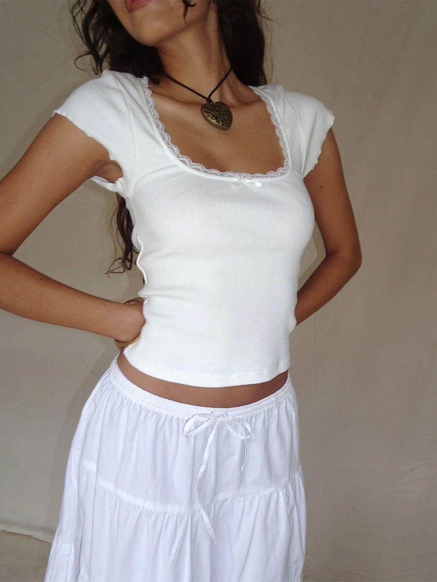 Black Lace Trim Ribbed Bow Accent Baby Tee