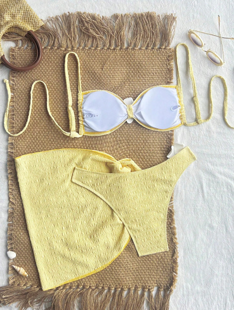 Floral Accents Yellow Textured 3-Piece Bikini Set