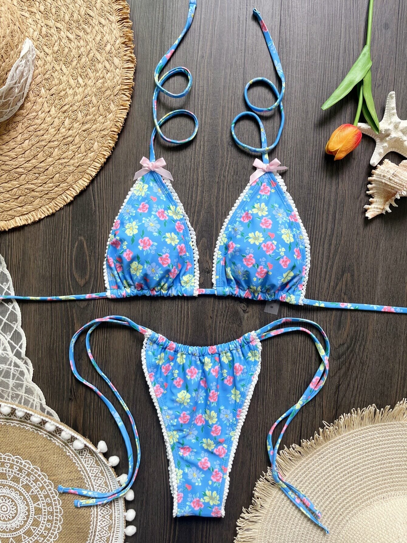 Floral Lace Trim Bow Triangle Bikini Set