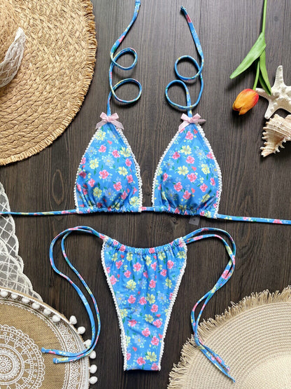 Floral Lace Trim Bow Triangle Bikini Set