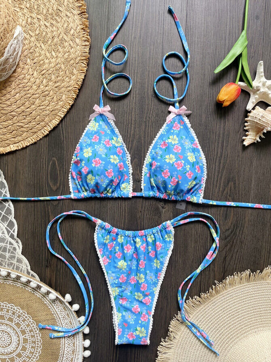 Floral Lace Trim Bow Triangle Bikini Set