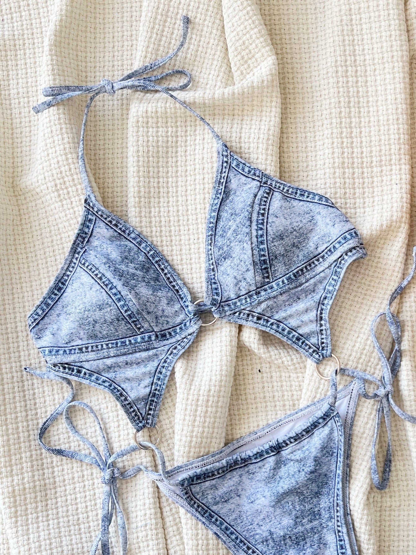 Denim Print Cut-Out O-Ring Monokini Swimsuit