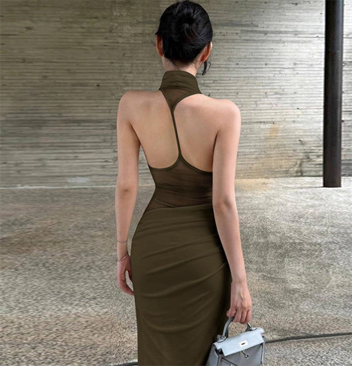 Elegant Halter Neck Ruched Drape Midi Dress