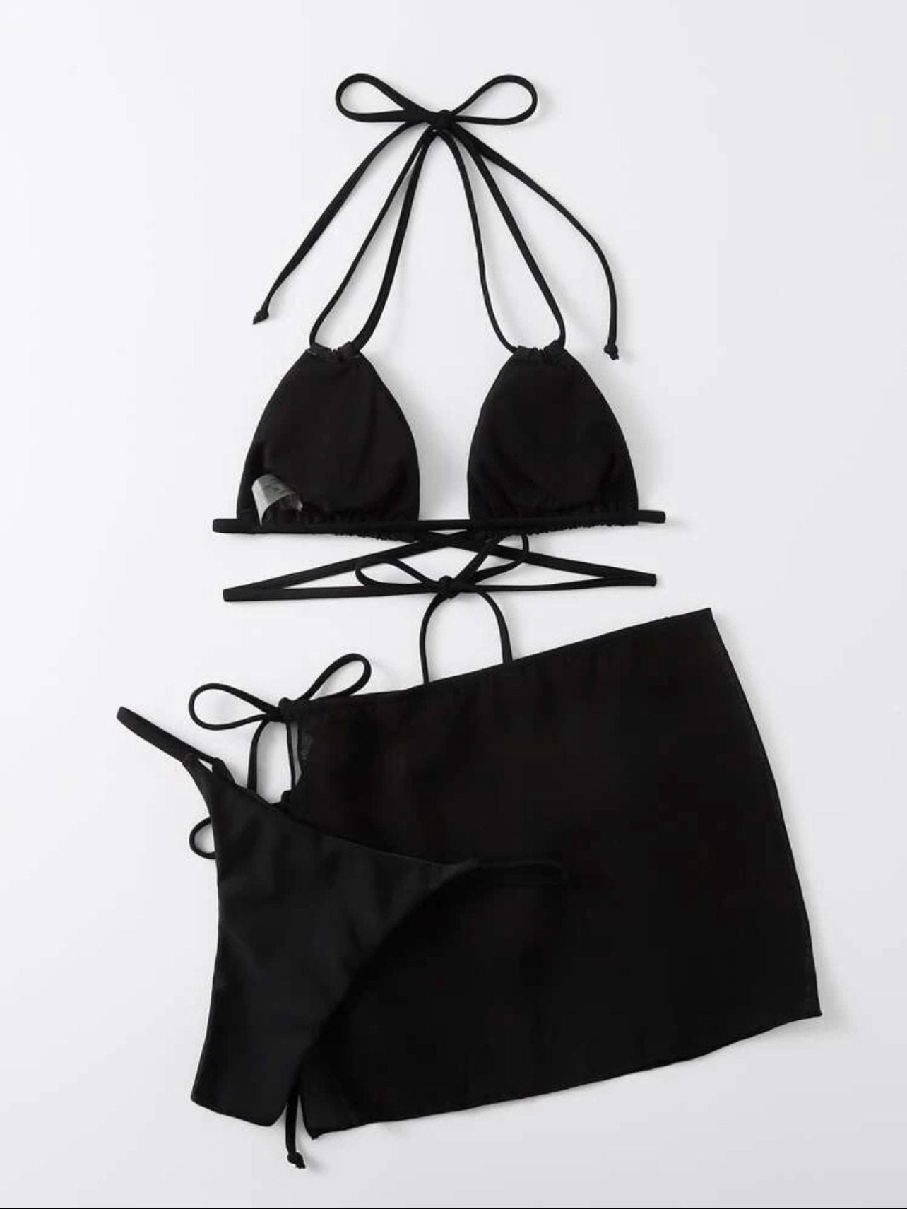 Black Wrap Around Bikini with Sheer Mesh Mini Skirt