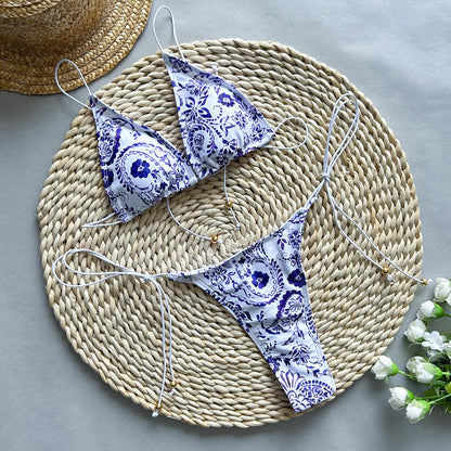 Blue Floral Paisley String Bikini Set with Gold Beads