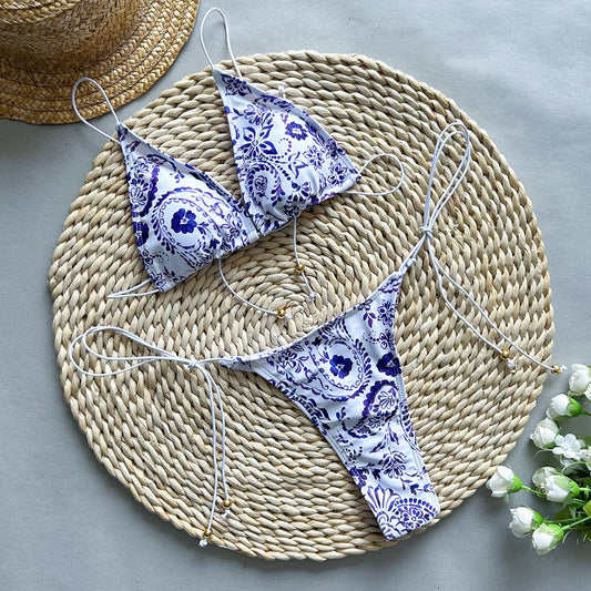 Blue Floral Paisley String Bikini Set with Gold Beads