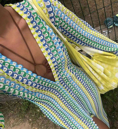 Crochet Stripe V-Neck Maxi Dress with Bell Sleeves
