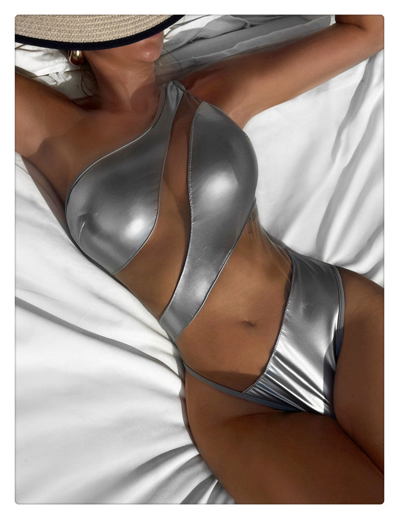 Metallic Silver Cutout One Shoulder Monokini