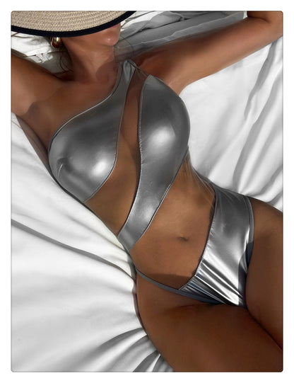 Metallic Silver Cutout One Shoulder Monokini
