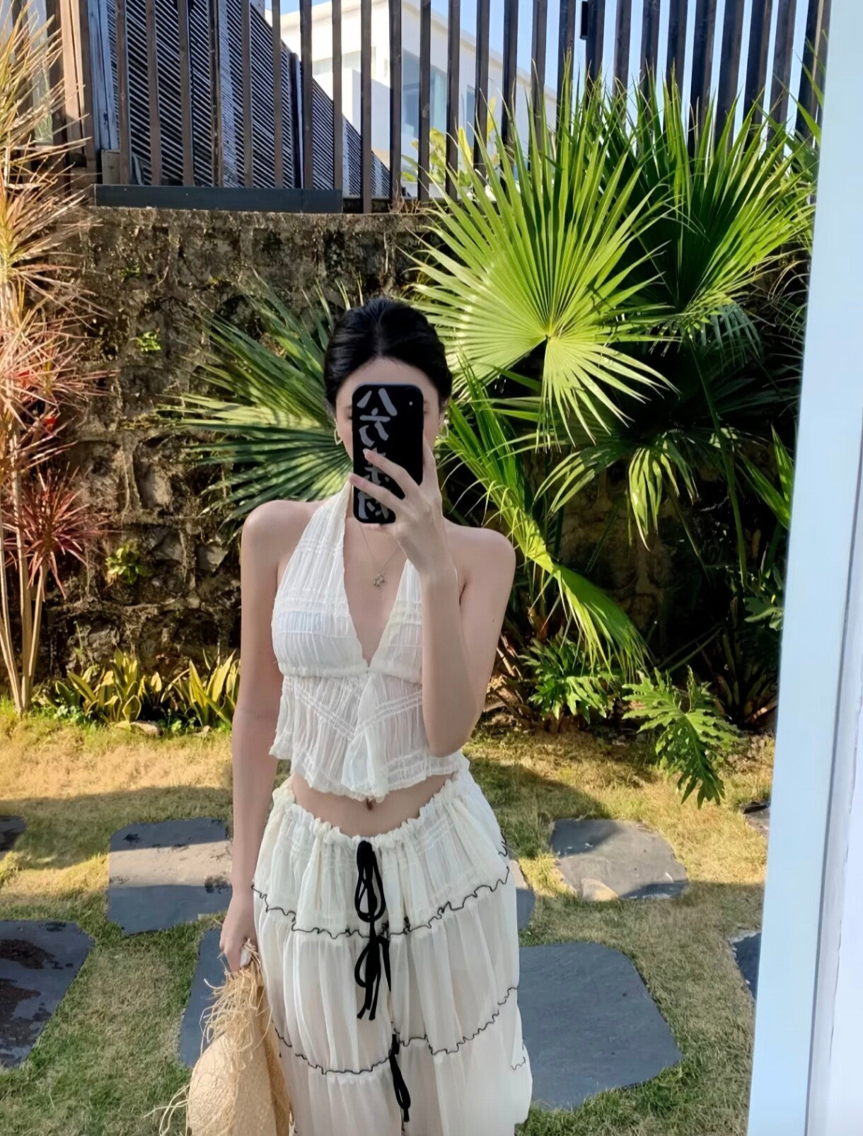 Sheer Plissé Halter Top & Tiered Skirt 2-Piece Set