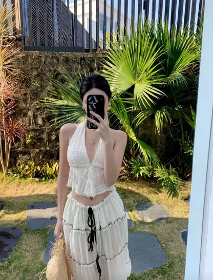 Sheer Plissé Halter Top & Tiered Skirt 2-Piece Set
