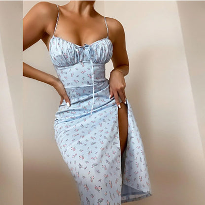 Blue Floral Ruched Split Cami Midi Dress