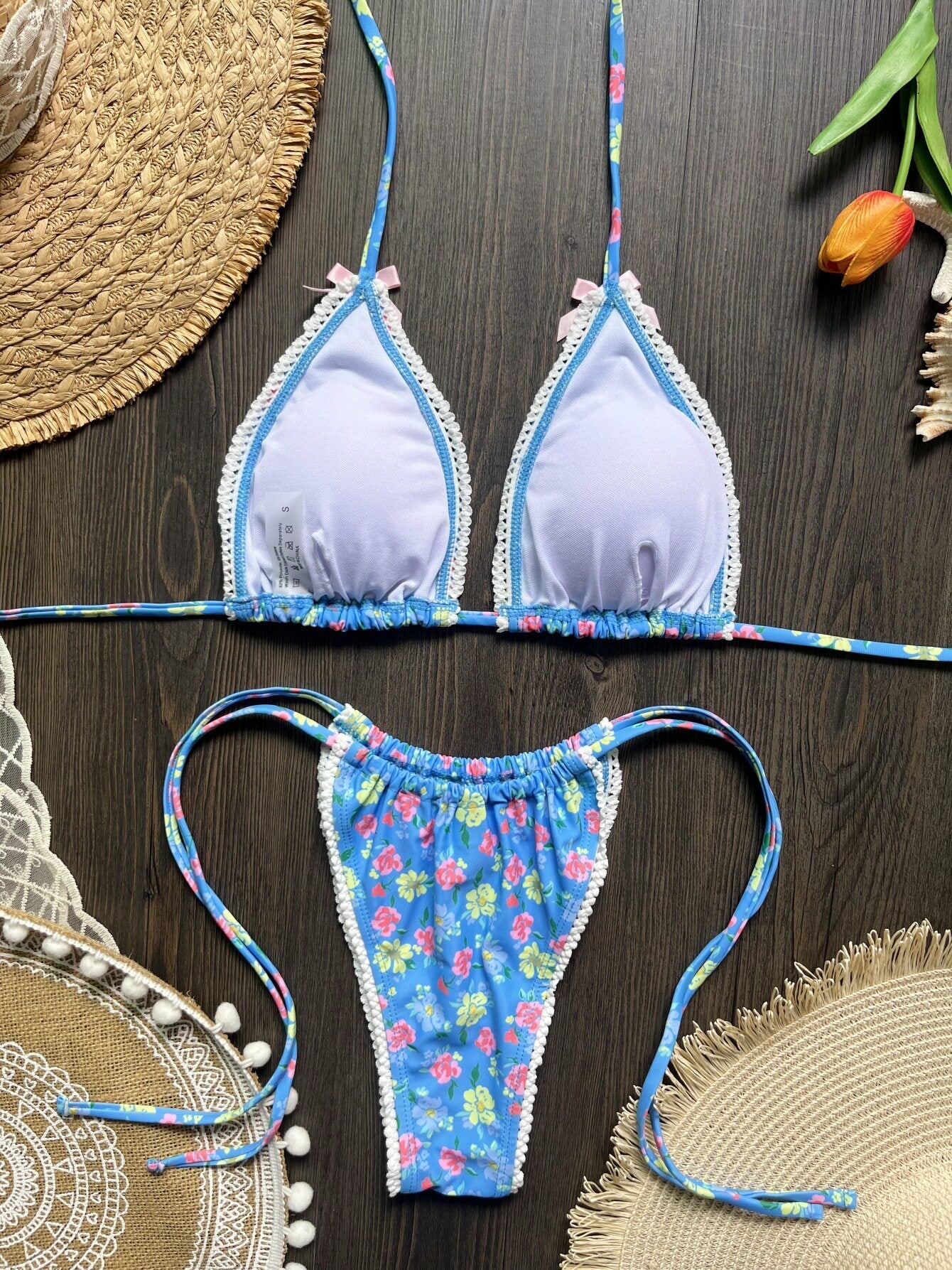 Floral Lace Trim Bow Triangle Bikini Set