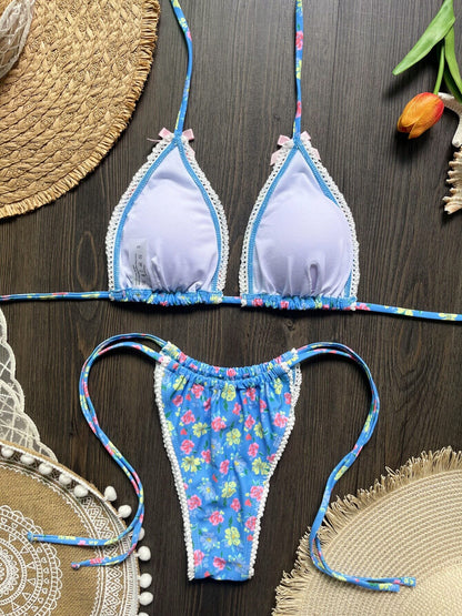 Floral Lace Trim Bow Triangle Bikini Set