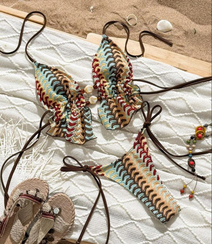 Crochet Chevron Halter Tankini Set with Bead Detail