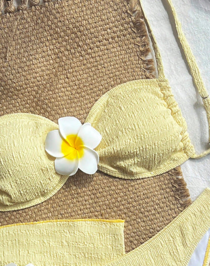 Floral Accents Yellow Textured 3-Piece Bikini Set