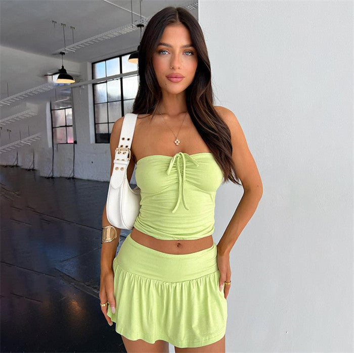 Yellow Ruched Tube Top and Mini Skirt Set