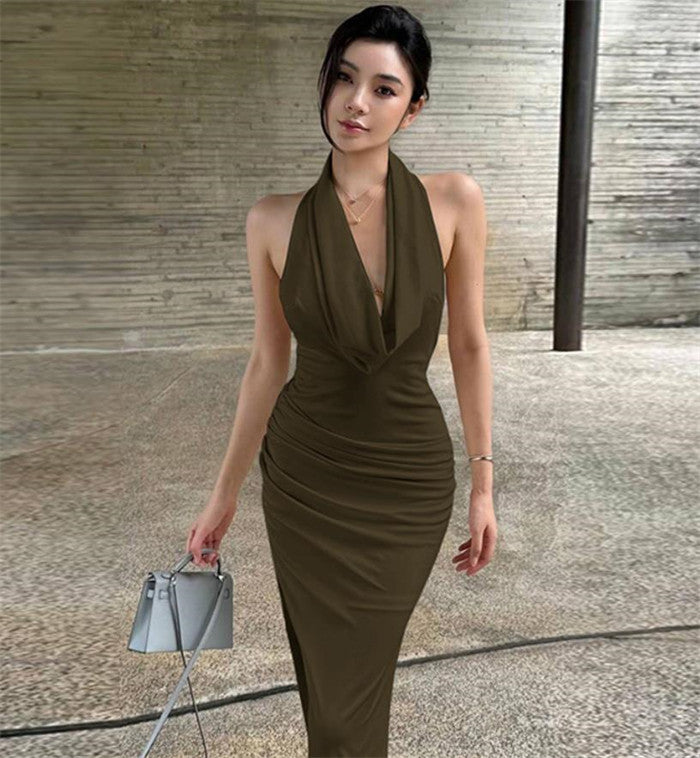 Elegant Halter Neck Ruched Drape Midi Dress