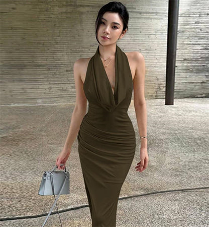 Elegant Halter Neck Ruched Drape Midi Dress