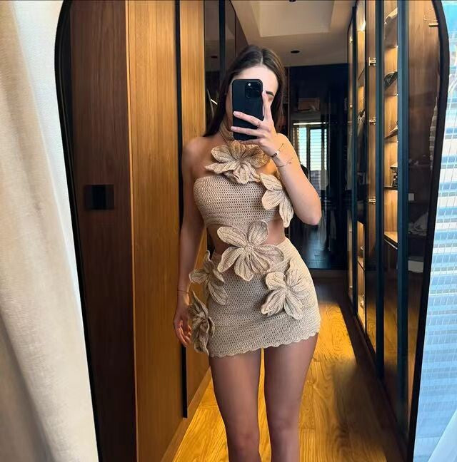 Crocheted Flower Halter Neck Cutout Mini Dress