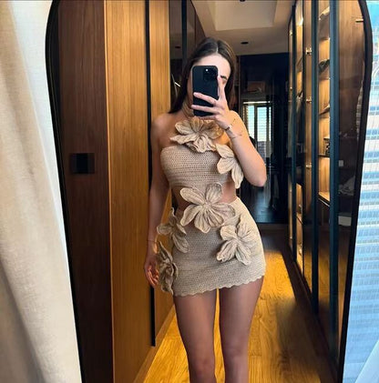 Crocheted Flower Halter Neck Cutout Mini Dress